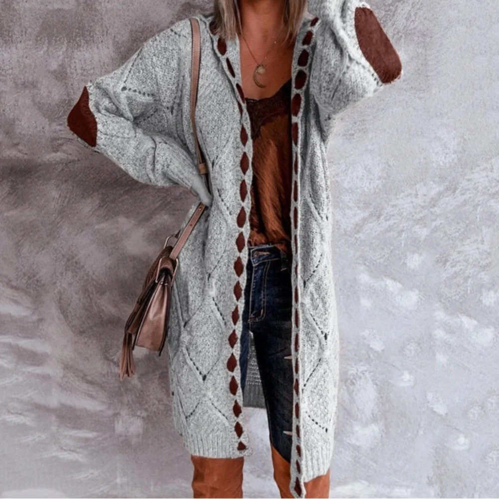 Bohemian Cable Knit Grey Lace Long Hood Gray Boho Grey Cardigan Elbow Patches - Picture 2 of 7